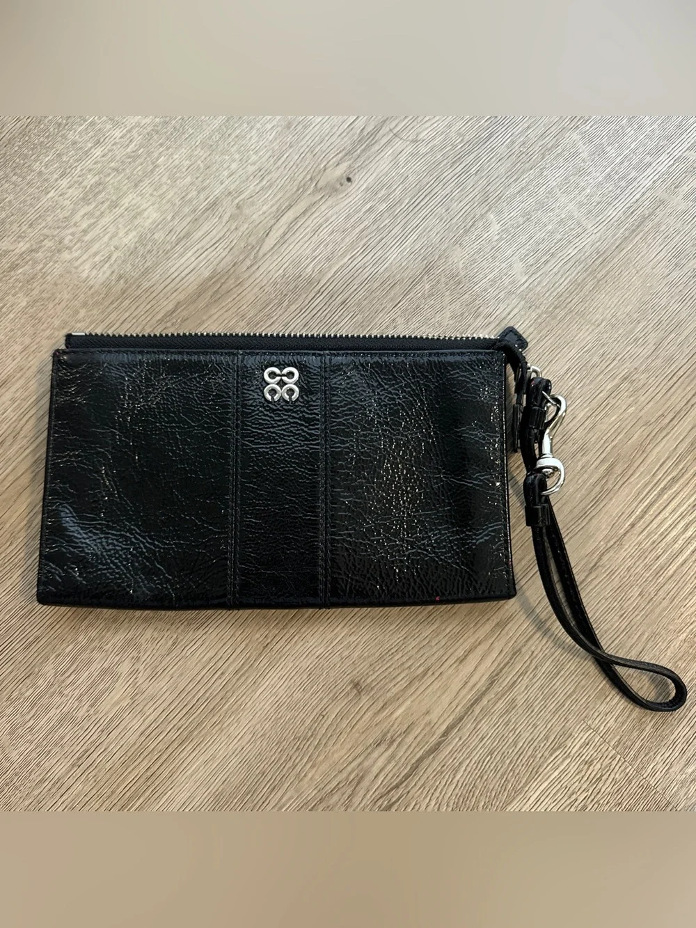Coach Black Patent Leather Wristlet with Silver Logo